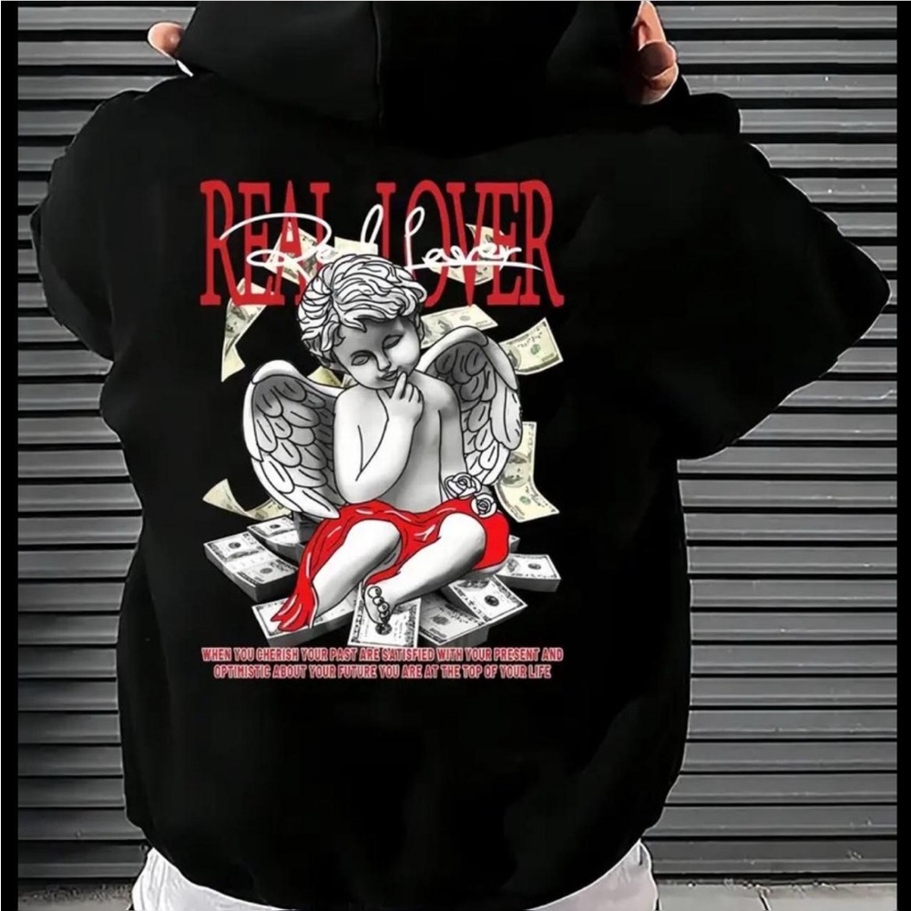 Black Hoodie with Angel Graphic and Red Accents